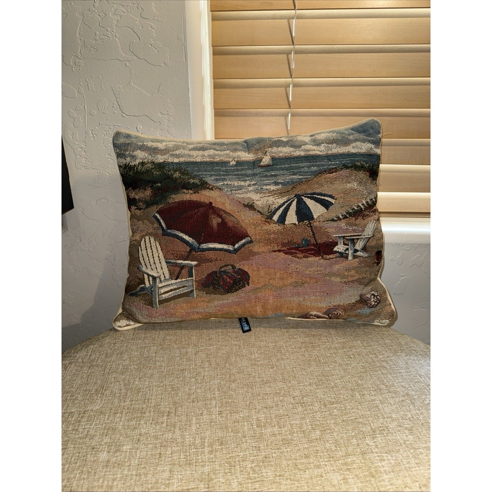 Vintage DAKOTAH Seascape Beach w/ Chair & Umbrella Tapestry Pillow 17"x12" NICE